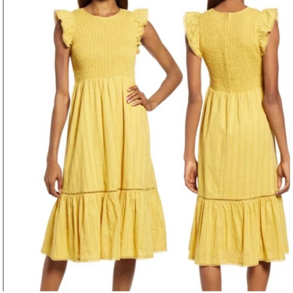 Lost + Wander Wayfarer Yellow Flutter Sleeve Midi Dress Prairie Cottagecore